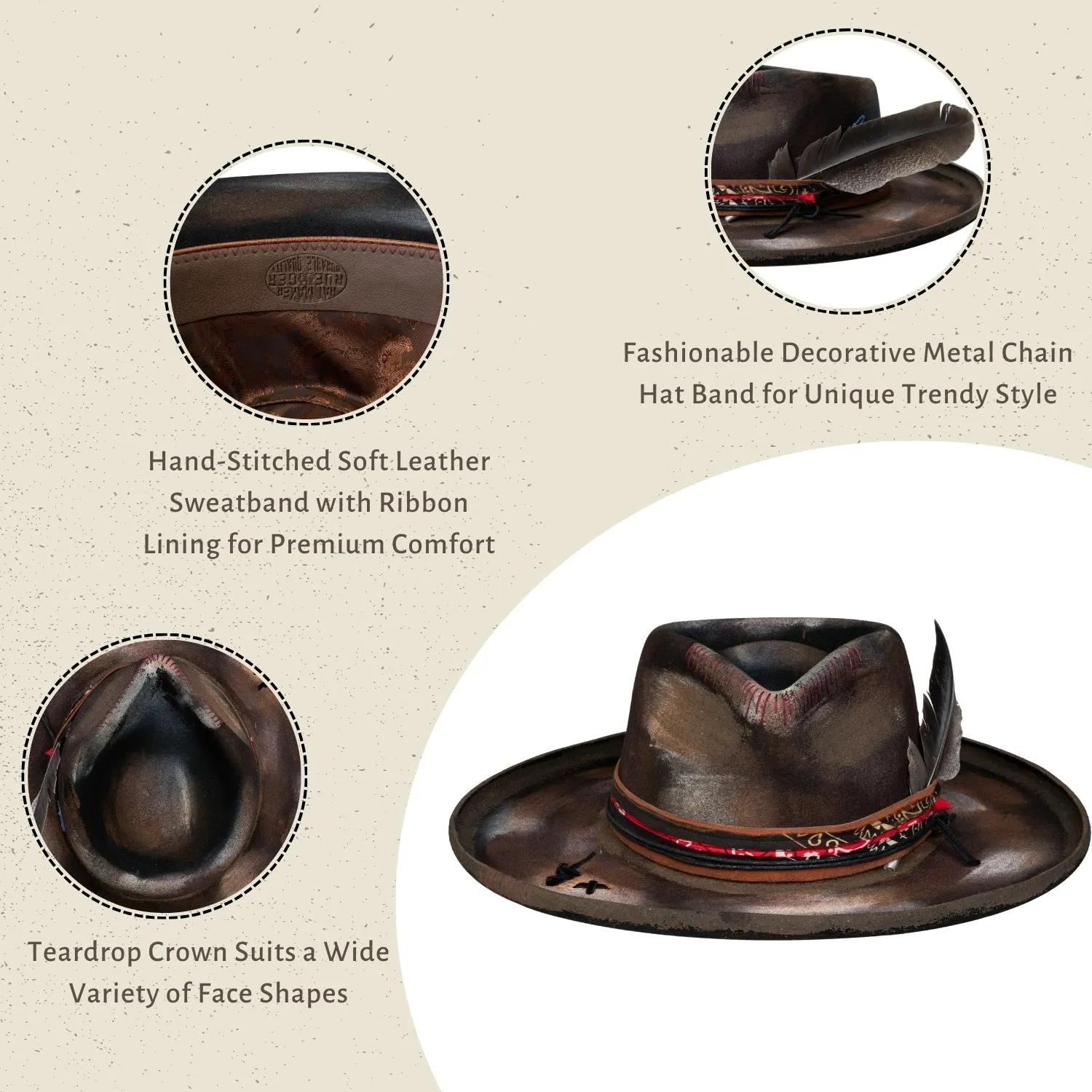 Ember - Burned Distressed Handcrafted Stiff Pencil Brim Fedora Hat