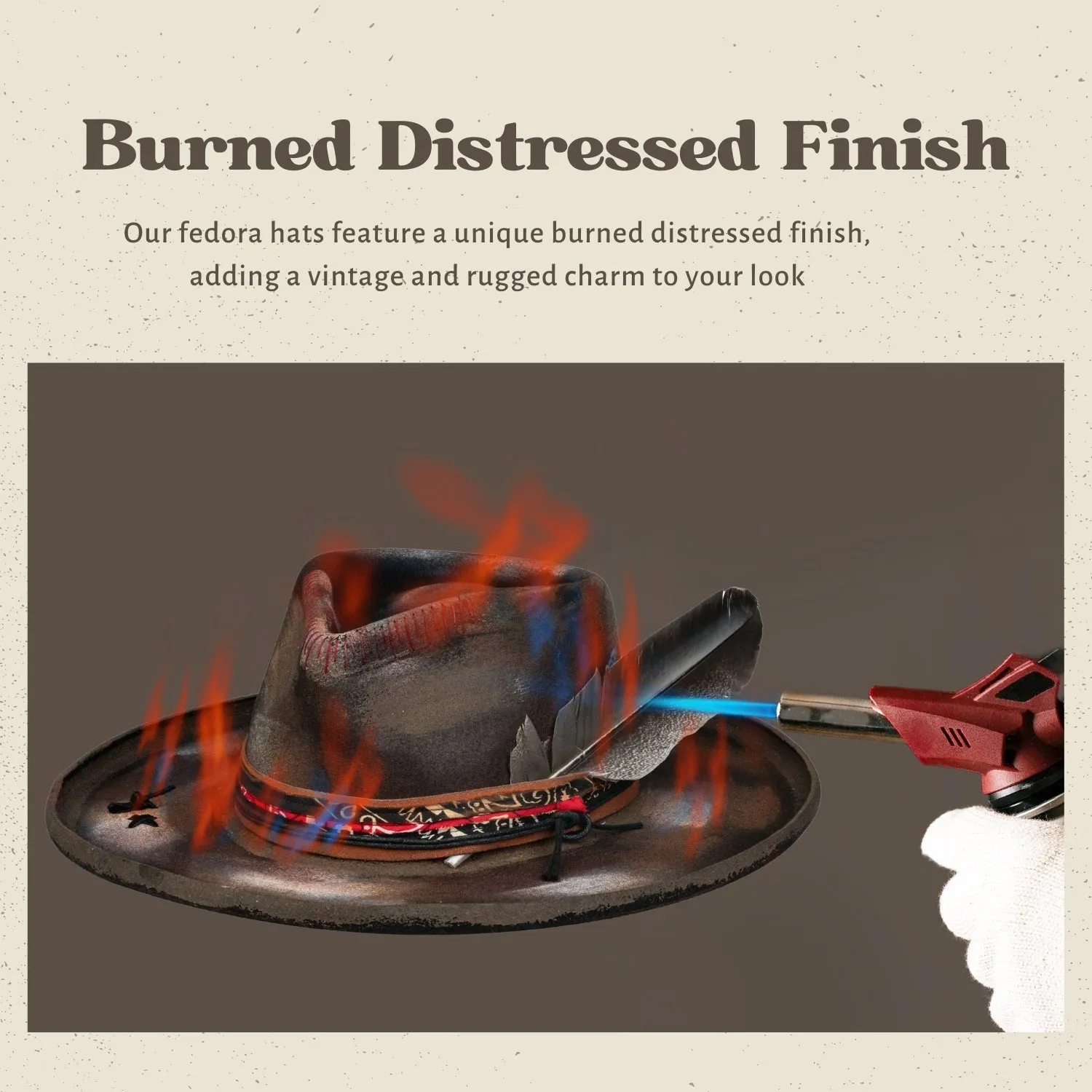 Ember - Burned Distressed Handcrafted Stiff Pencil Brim Fedora Hat