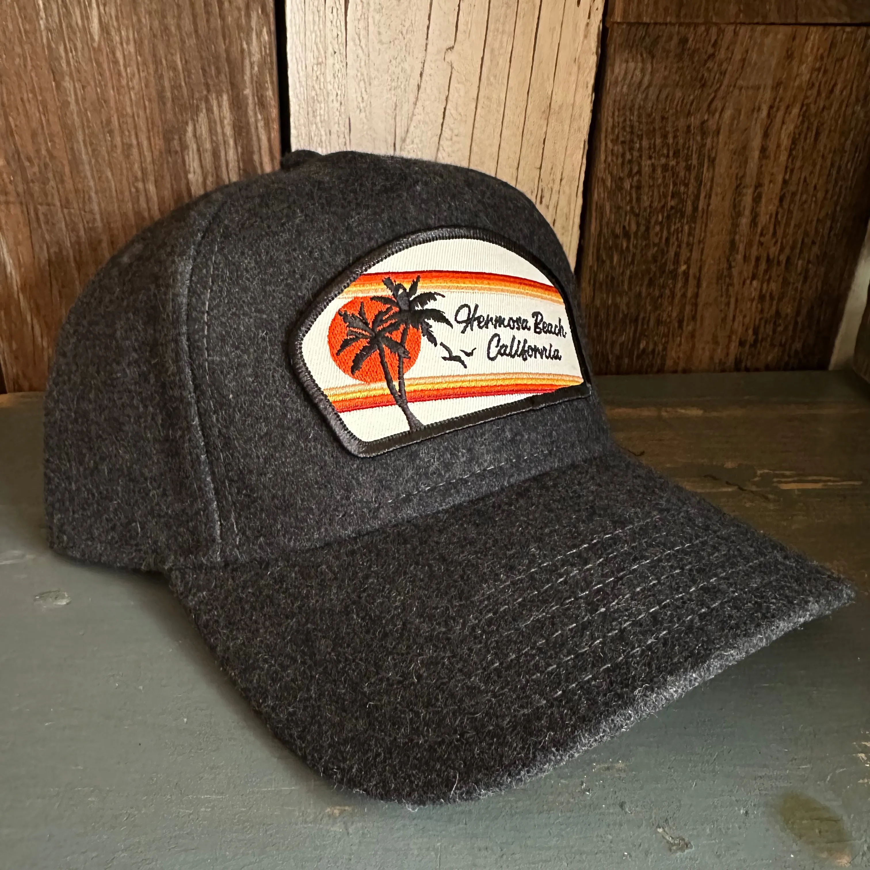Hermosa Beach RETRO SUNSET 5 Panel Low Profile Melton Wool Blend Baseball Cap with Velcro Closure - Heather Black