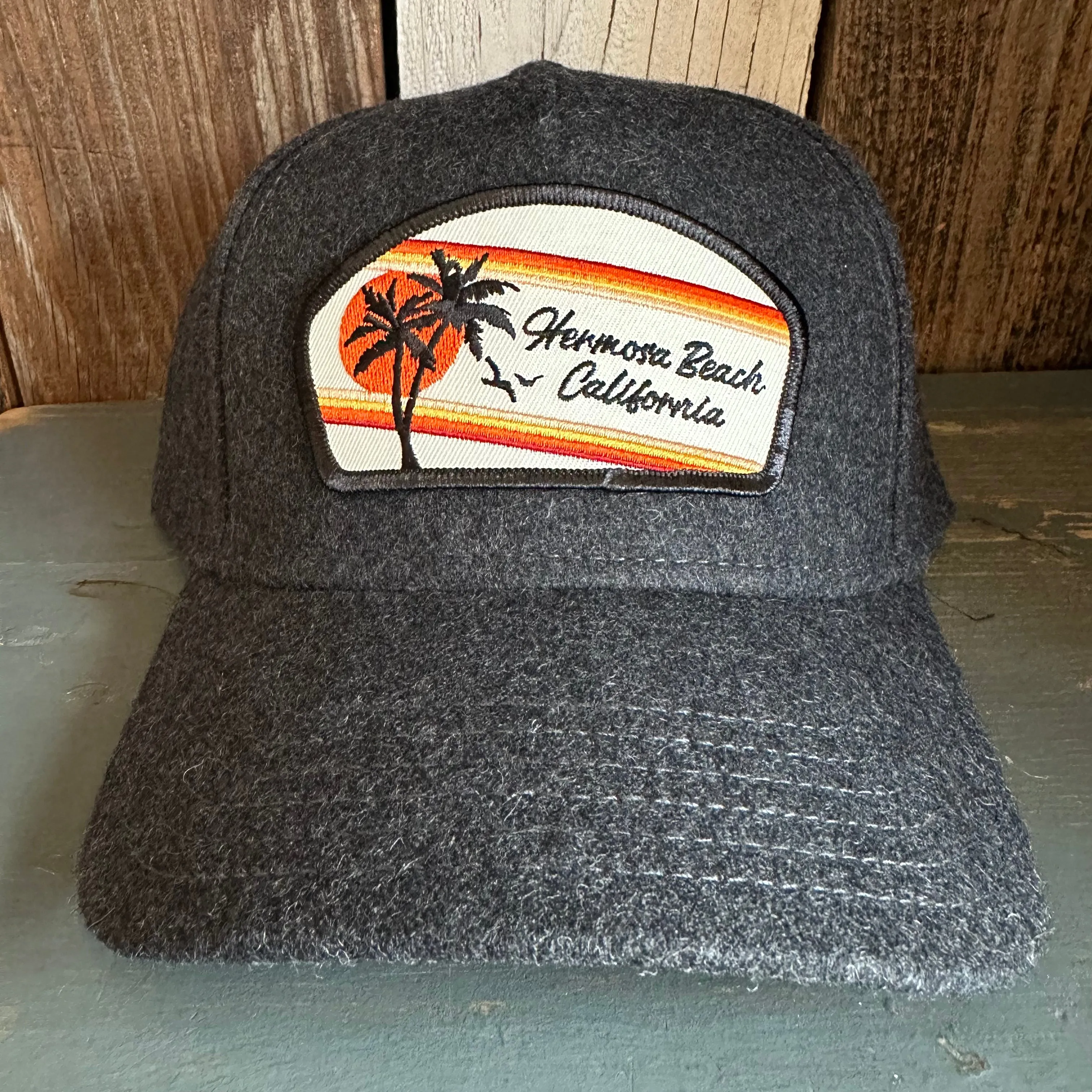 Hermosa Beach RETRO SUNSET 5 Panel Low Profile Melton Wool Blend Baseball Cap with Velcro Closure - Heather Black