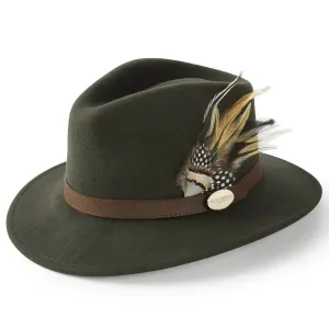 HICKS & BROWN Ladies Suffolk Fedora Hat - Guinea and Pheasant Feather - Olive