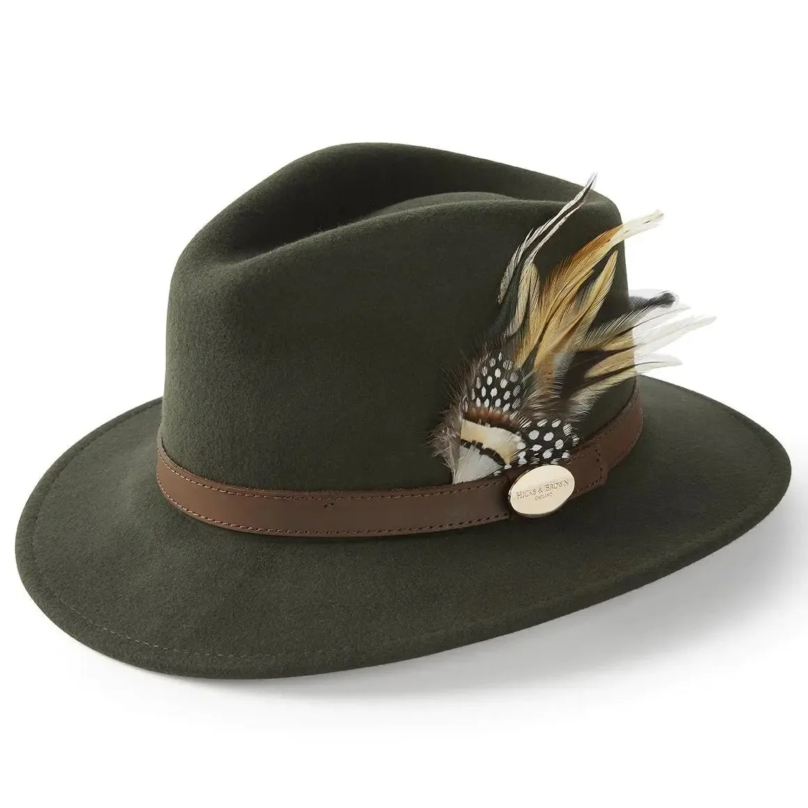 HICKS & BROWN Ladies Suffolk Fedora Hat - Guinea and Pheasant Feather - Olive