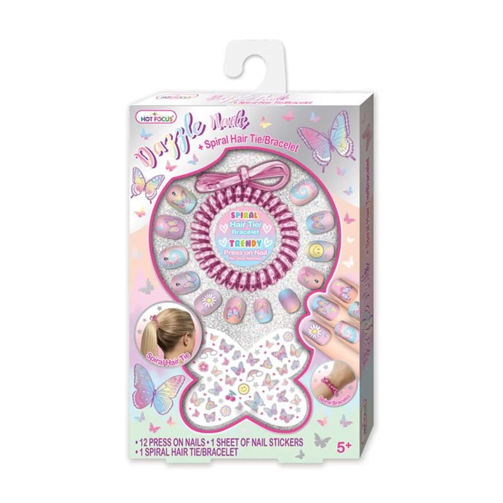Hot Focus Tie Dye Butterfly Dazzle Nails And Spiral Hair Tie Bracelet Set