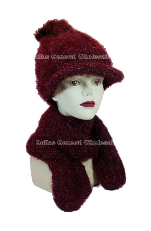 Ladies Knitted Pompom Visor Beanie Cap with Scarf Set Wholesale