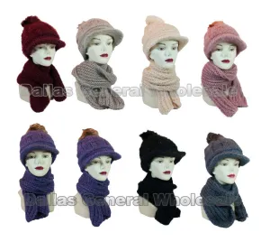 Ladies Knitted Pompom Visor Beanie Cap with Scarf Set Wholesale