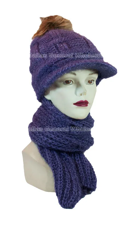 Ladies Knitted Pompom Visor Beanie Cap with Scarf Set Wholesale