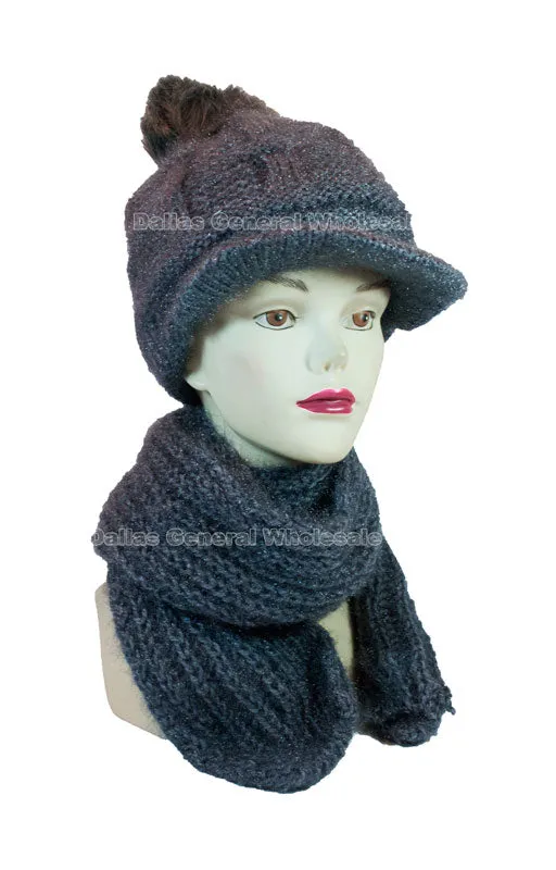 Ladies Knitted Pompom Visor Beanie Cap with Scarf Set Wholesale