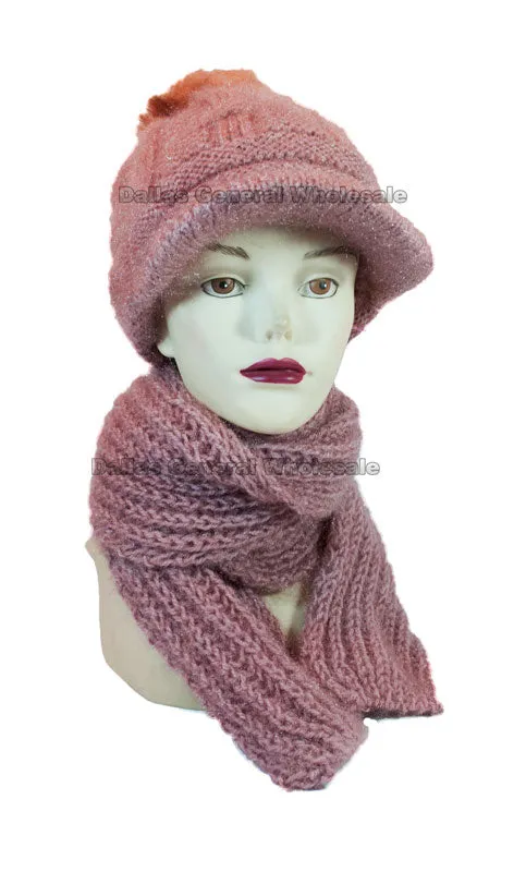 Ladies Knitted Pompom Visor Beanie Cap with Scarf Set Wholesale