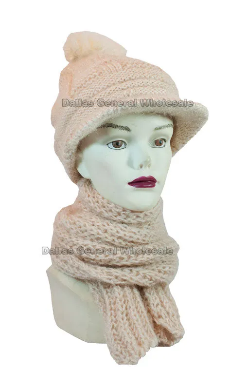 Ladies Knitted Pompom Visor Beanie Cap with Scarf Set Wholesale