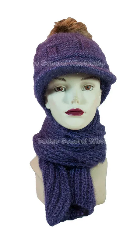 Ladies Knitted Pompom Visor Beanie Cap with Scarf Set Wholesale