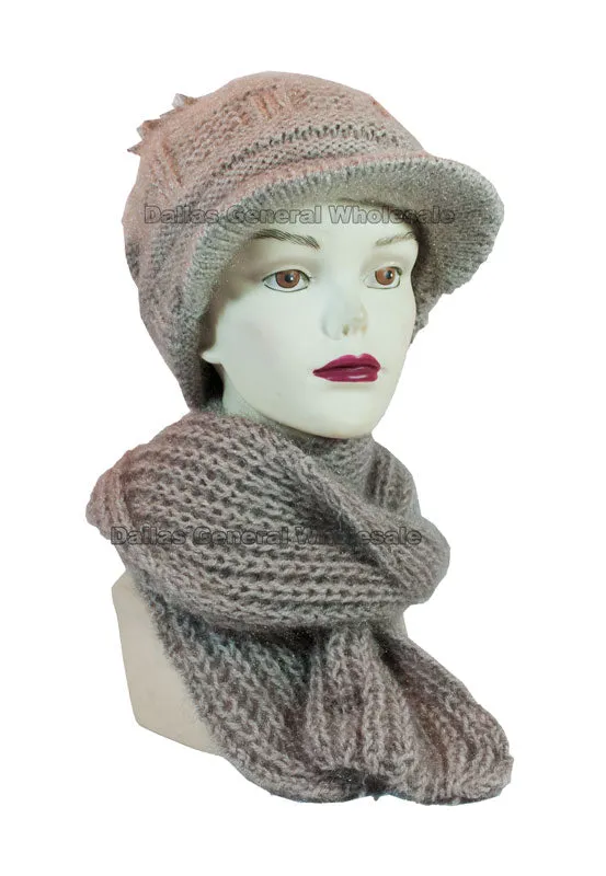 Ladies Knitted Pompom Visor Beanie Cap with Scarf Set Wholesale