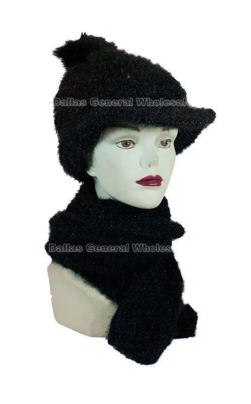 Ladies Knitted Pompom Visor Beanie Cap with Scarf Set Wholesale