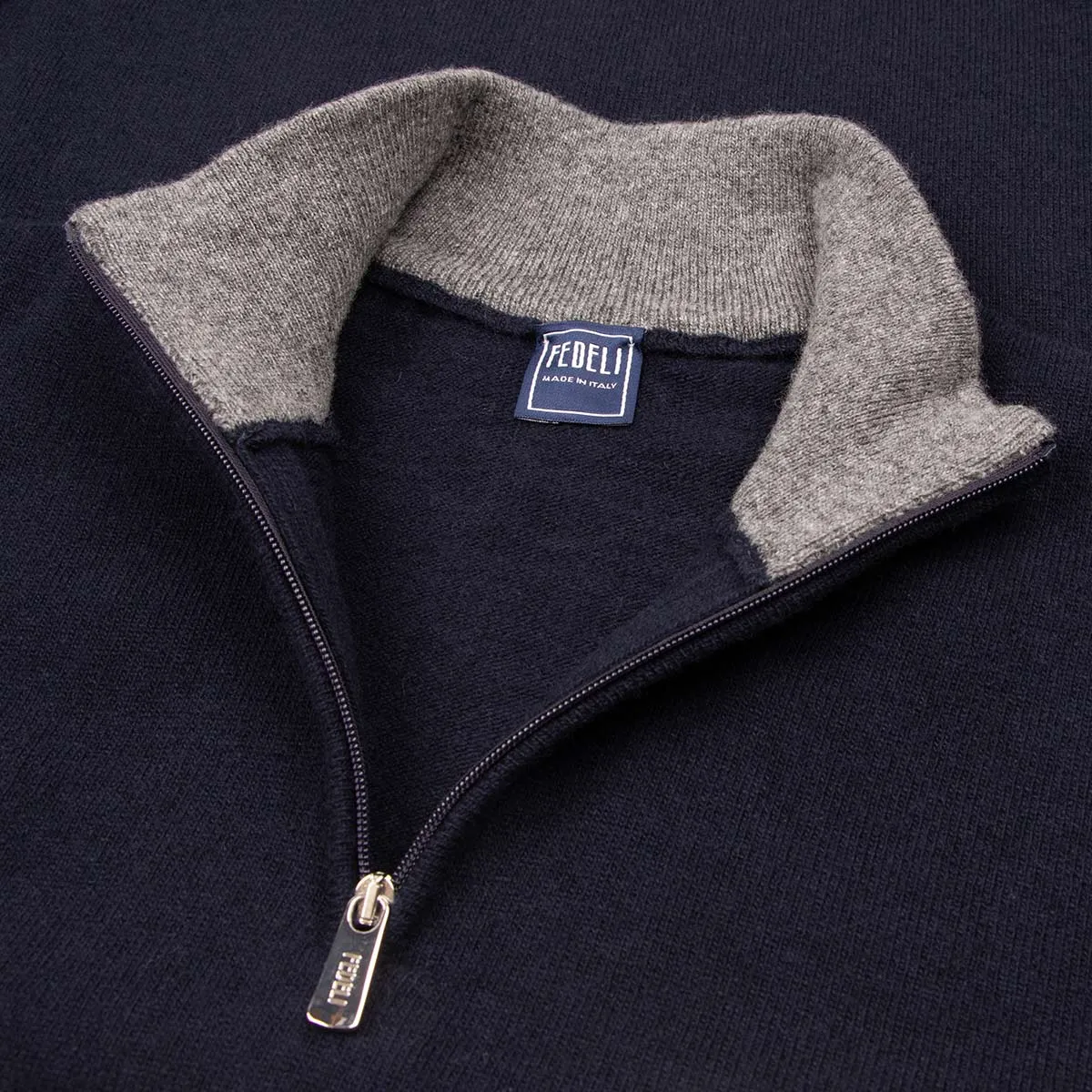 Navy Zip Neck Virgin Wool & Cashmere Sweater