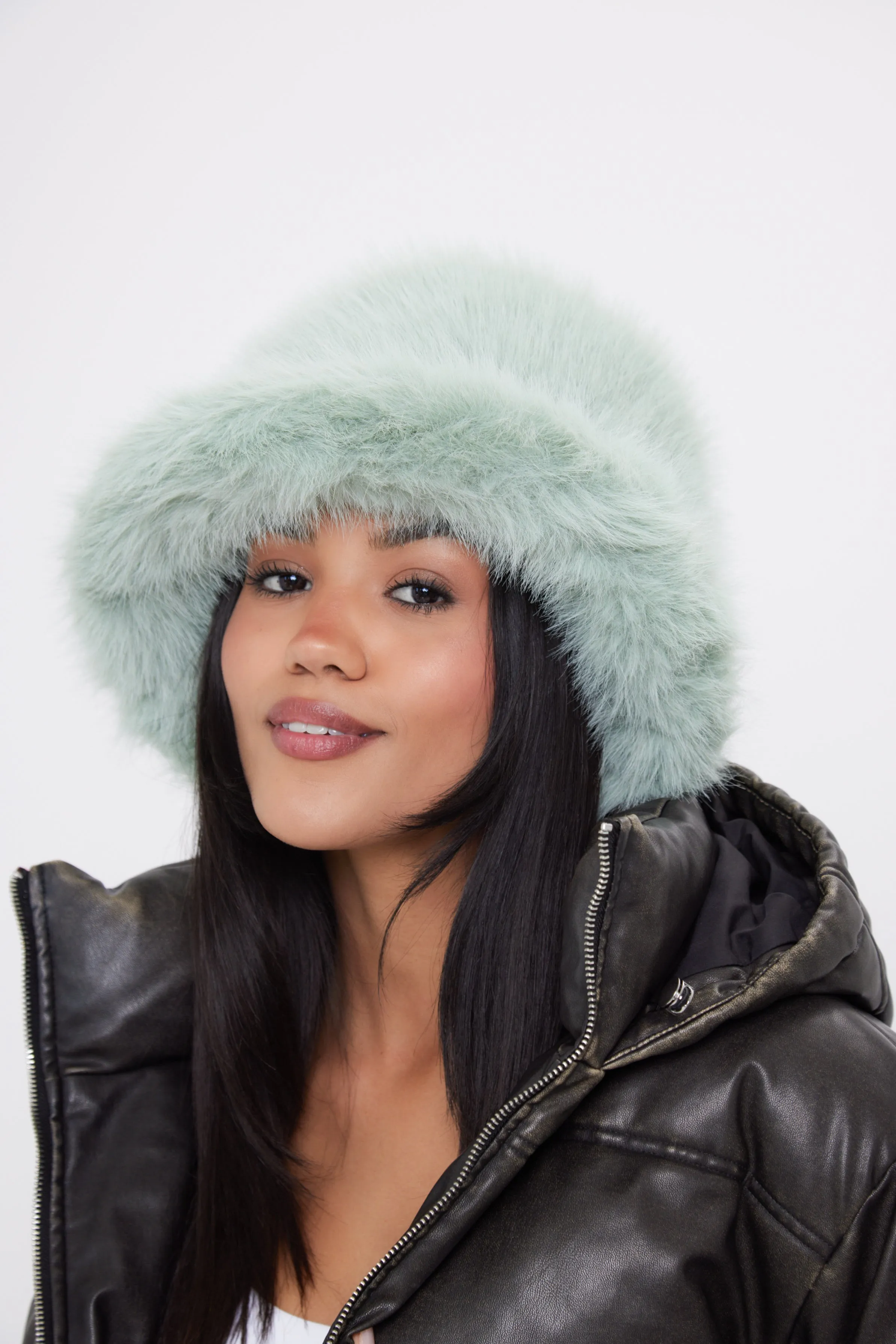 Oversized Fuzzy Fur bucket hat in Mint Green