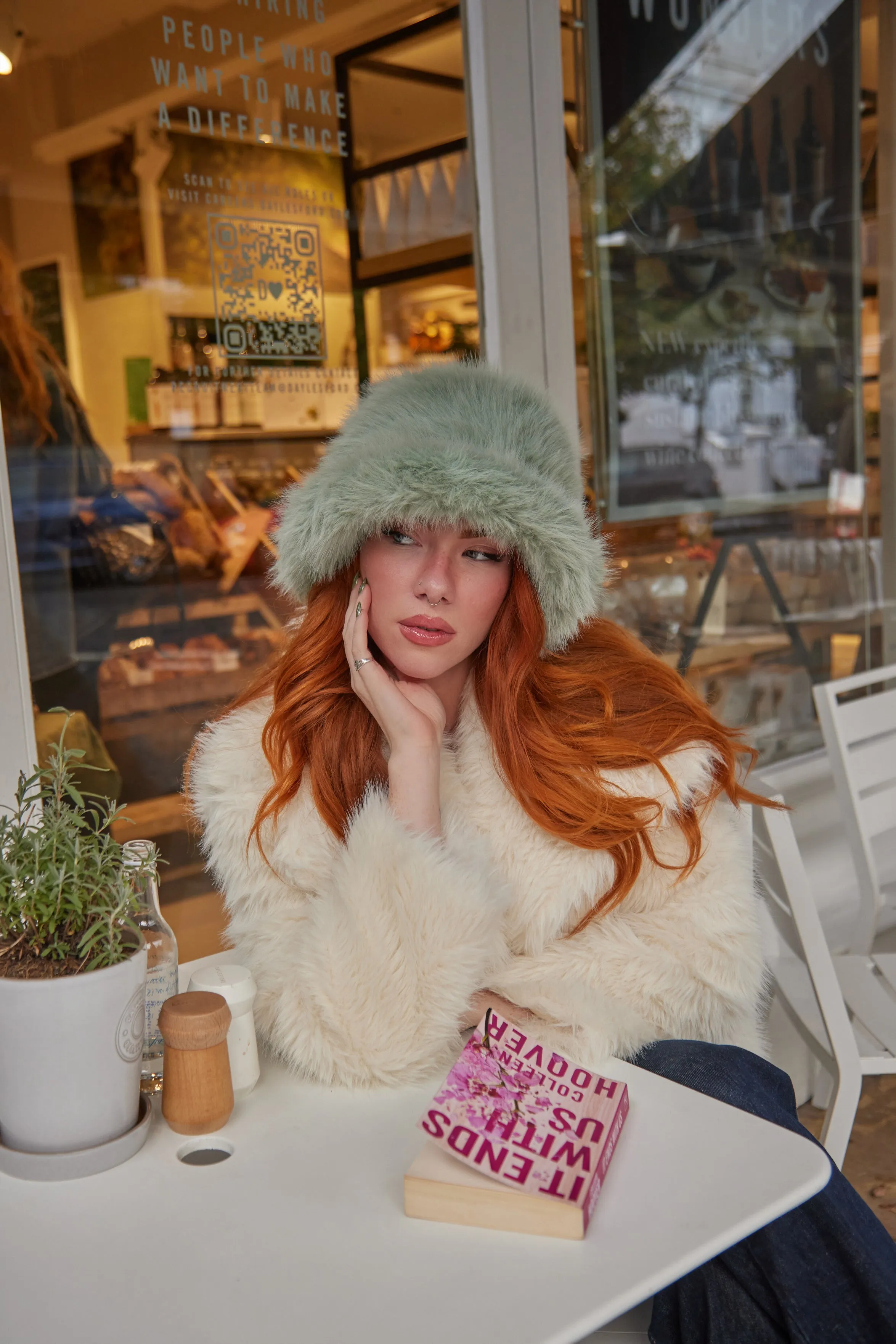 Oversized Fuzzy Fur bucket hat in Mint Green