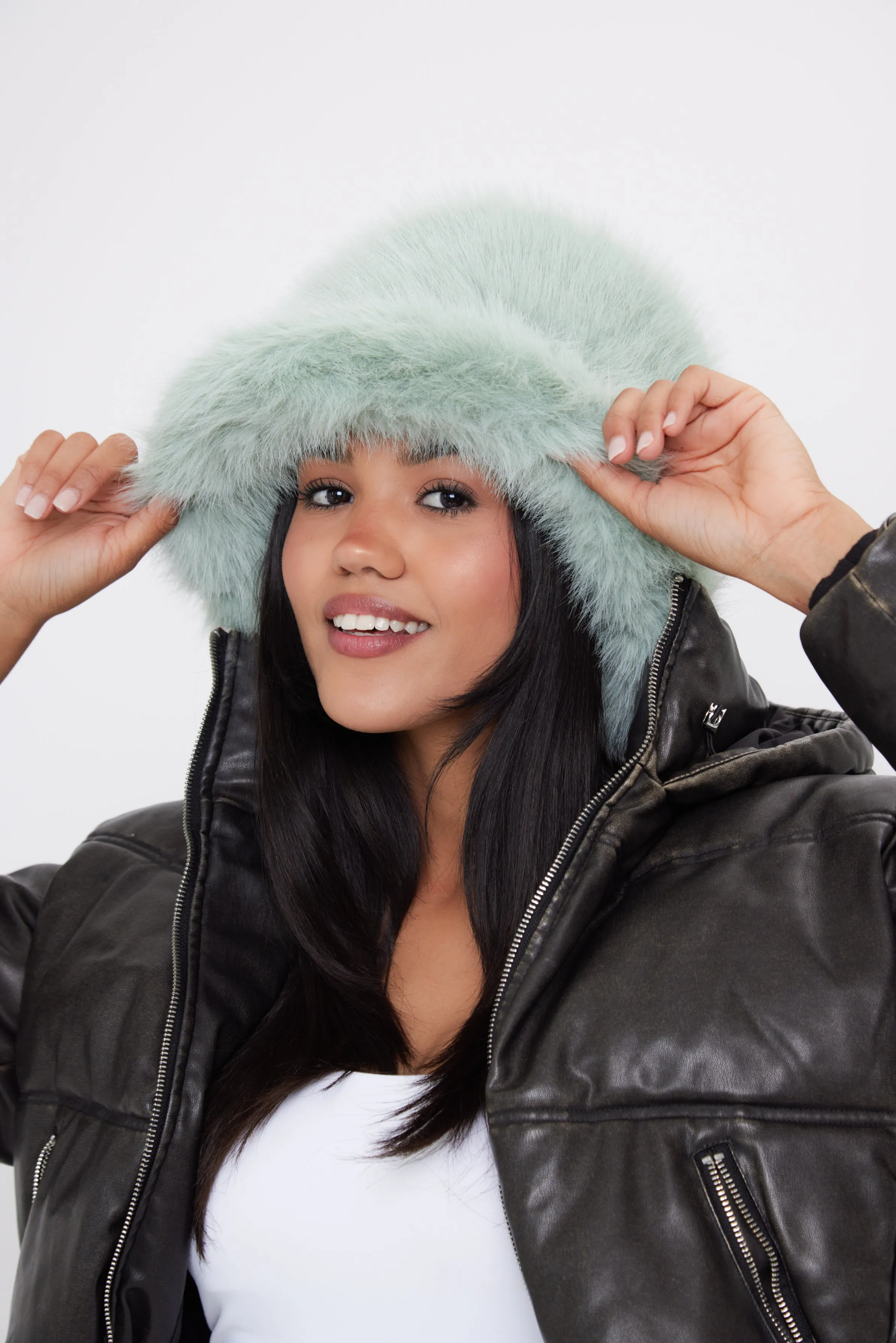 Oversized Fuzzy Fur bucket hat in Mint Green