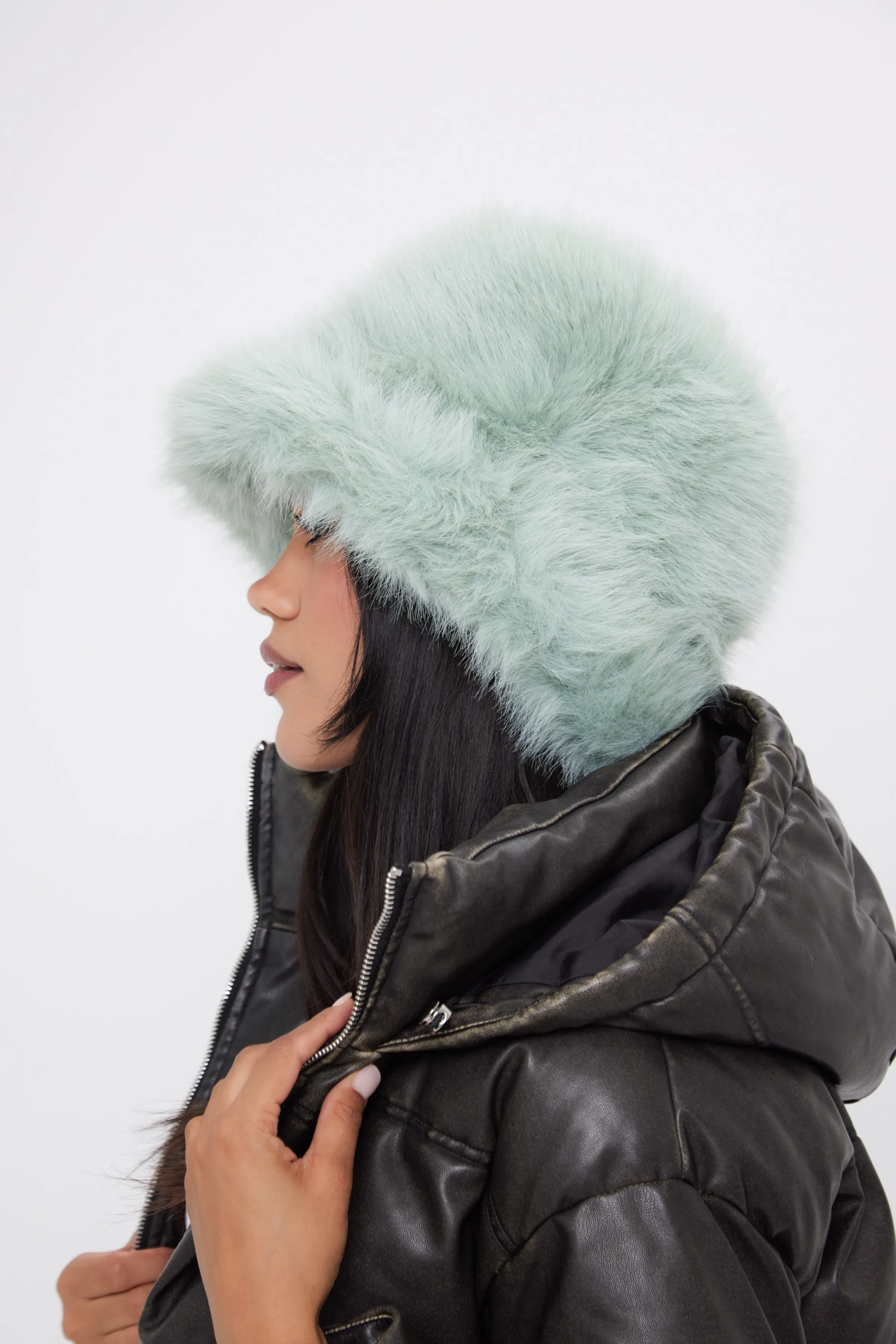 Oversized Fuzzy Fur bucket hat in Mint Green