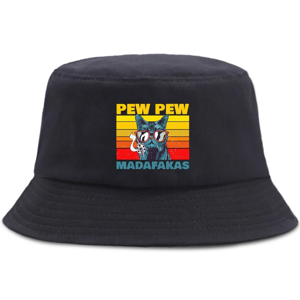 Pew Pew Madafakas Black Cat Bucket Caps Women Street Beach Sun Hat Hip Hop Casual Fisherman Hats Men Outdoor Summer Panama Cap