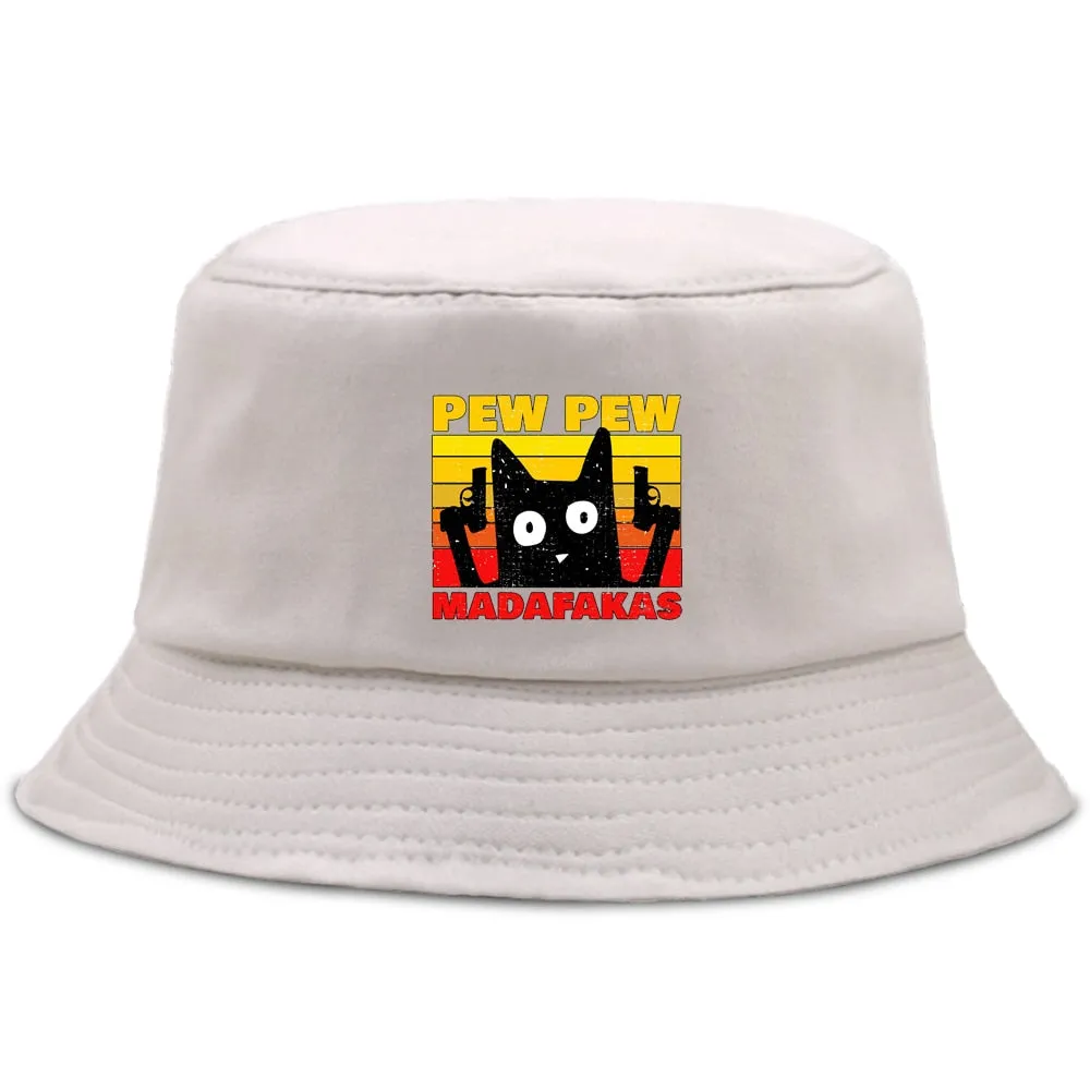Pew Pew Madafakas Black Cat Bucket Caps Women Street Beach Sun Hat Hip Hop Casual Fisherman Hats Men Outdoor Summer Panama Cap