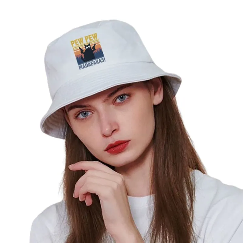 Pew Pew Madafakas Black Cat Bucket Caps Women Street Beach Sun Hat Hip Hop Casual Fisherman Hats Men Outdoor Summer Panama Cap