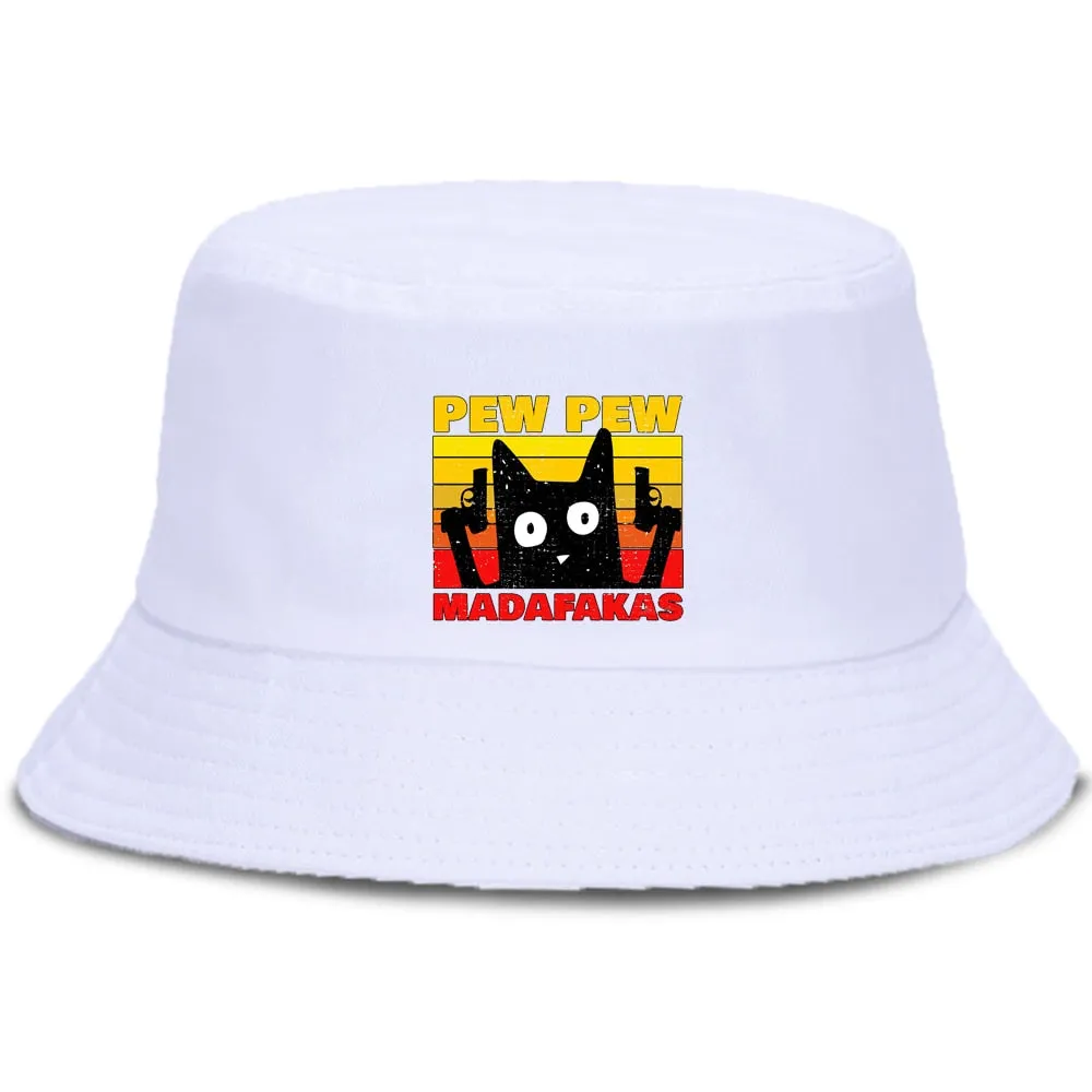 Pew Pew Madafakas Black Cat Bucket Caps Women Street Beach Sun Hat Hip Hop Casual Fisherman Hats Men Outdoor Summer Panama Cap