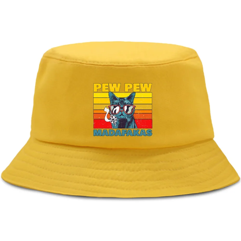 Pew Pew Madafakas Black Cat Bucket Caps Women Street Beach Sun Hat Hip Hop Casual Fisherman Hats Men Outdoor Summer Panama Cap