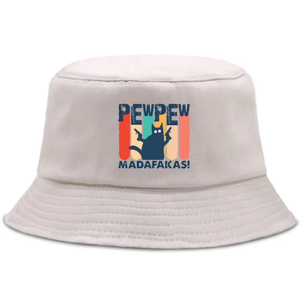 Pew Pew Madafakas Black Cat Bucket Caps Women Street Beach Sun Hat Hip Hop Casual Fisherman Hats Men Outdoor Summer Panama Cap