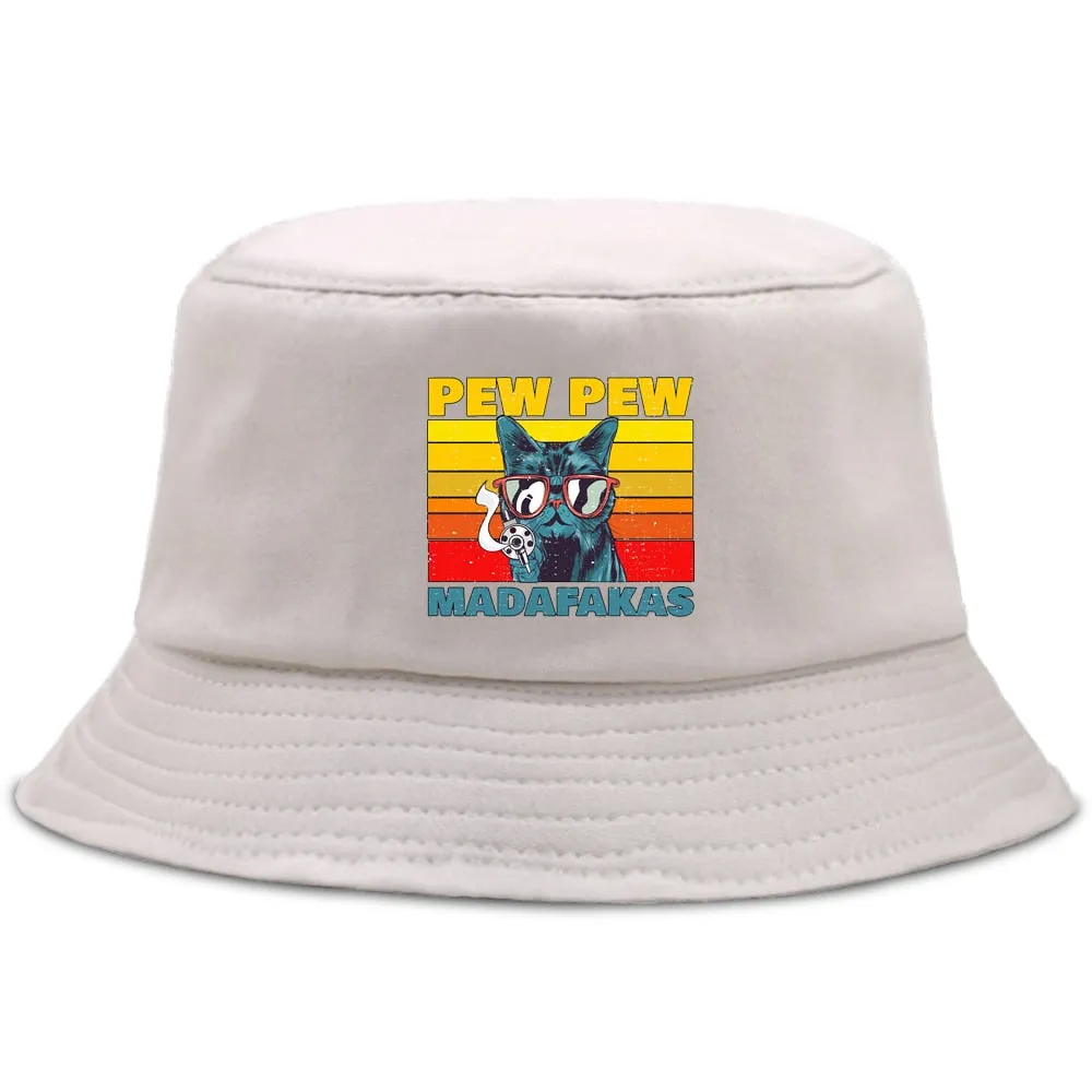 Pew Pew Madafakas Black Cat Bucket Caps Women Street Beach Sun Hat Hip Hop Casual Fisherman Hats Men Outdoor Summer Panama Cap