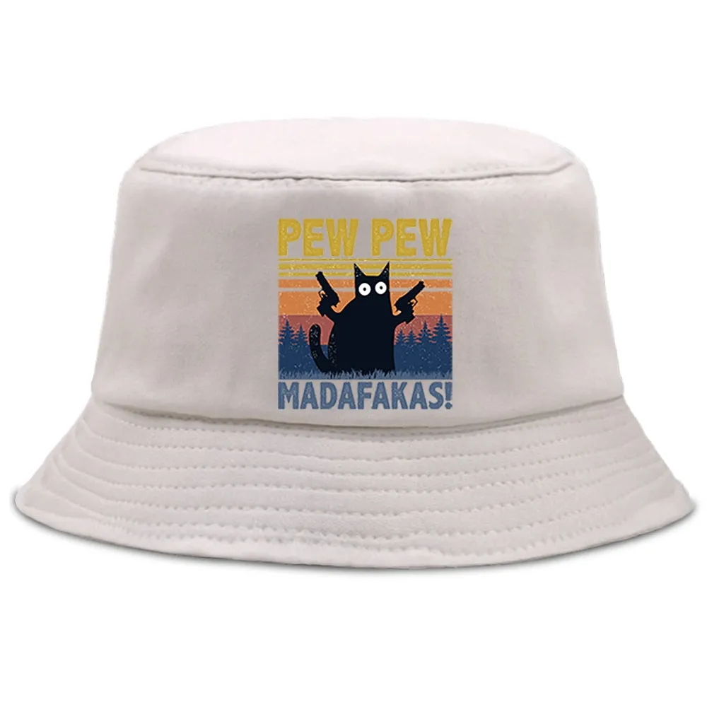 Pew Pew Madafakas Black Cat Bucket Caps Women Street Beach Sun Hat Hip Hop Casual Fisherman Hats Men Outdoor Summer Panama Cap