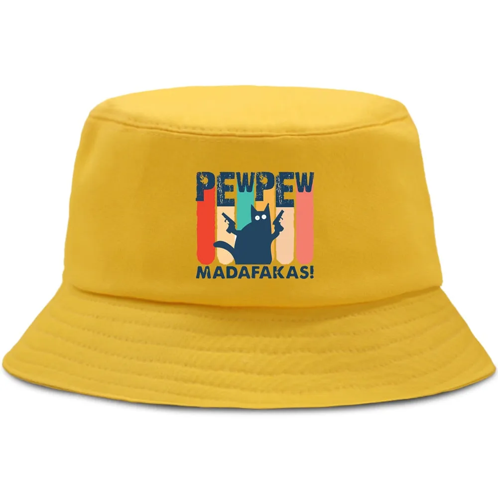 Pew Pew Madafakas Black Cat Bucket Caps Women Street Beach Sun Hat Hip Hop Casual Fisherman Hats Men Outdoor Summer Panama Cap