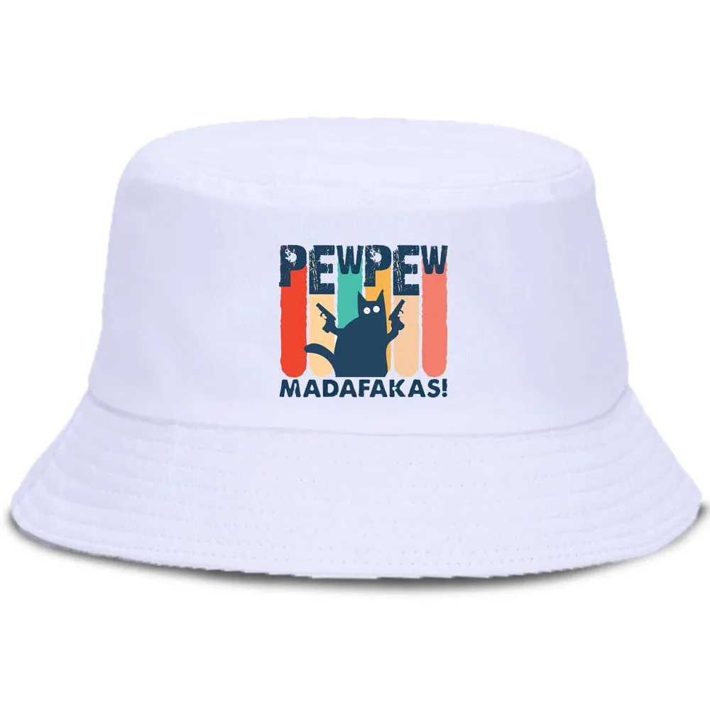 Pew Pew Madafakas Black Cat Bucket Caps Women Street Beach Sun Hat Hip Hop Casual Fisherman Hats Men Outdoor Summer Panama Cap
