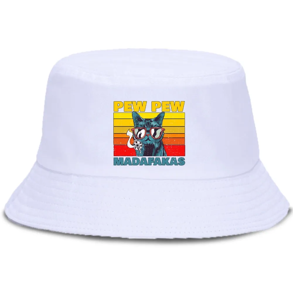 Pew Pew Madafakas Black Cat Bucket Caps Women Street Beach Sun Hat Hip Hop Casual Fisherman Hats Men Outdoor Summer Panama Cap
