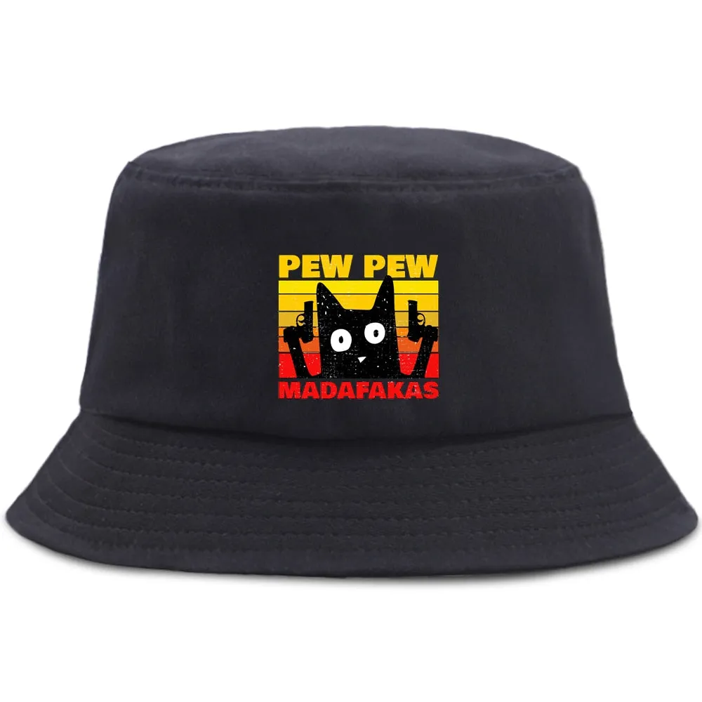 Pew Pew Madafakas Black Cat Bucket Caps Women Street Beach Sun Hat Hip Hop Casual Fisherman Hats Men Outdoor Summer Panama Cap