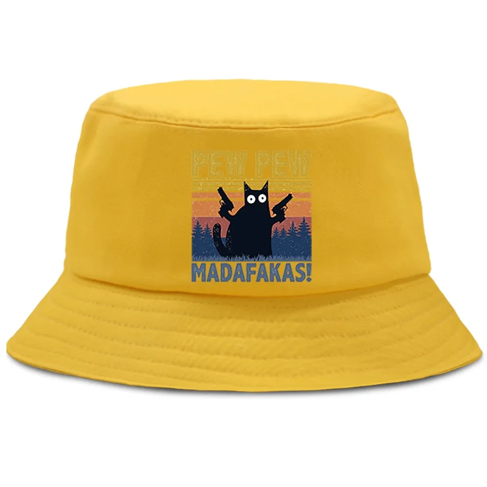 Pew Pew Madafakas Black Cat Bucket Caps Women Street Beach Sun Hat Hip Hop Casual Fisherman Hats Men Outdoor Summer Panama Cap