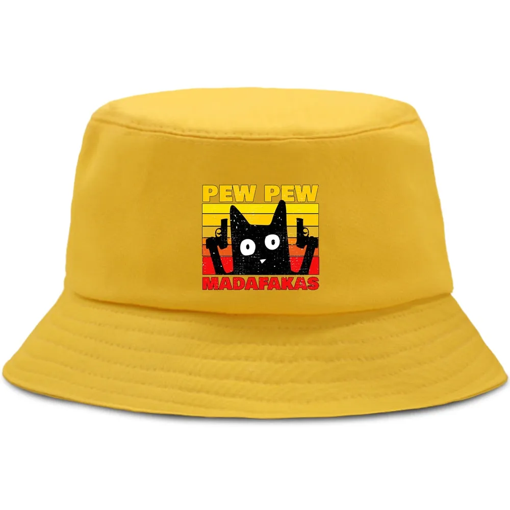 Pew Pew Madafakas Black Cat Bucket Caps Women Street Beach Sun Hat Hip Hop Casual Fisherman Hats Men Outdoor Summer Panama Cap
