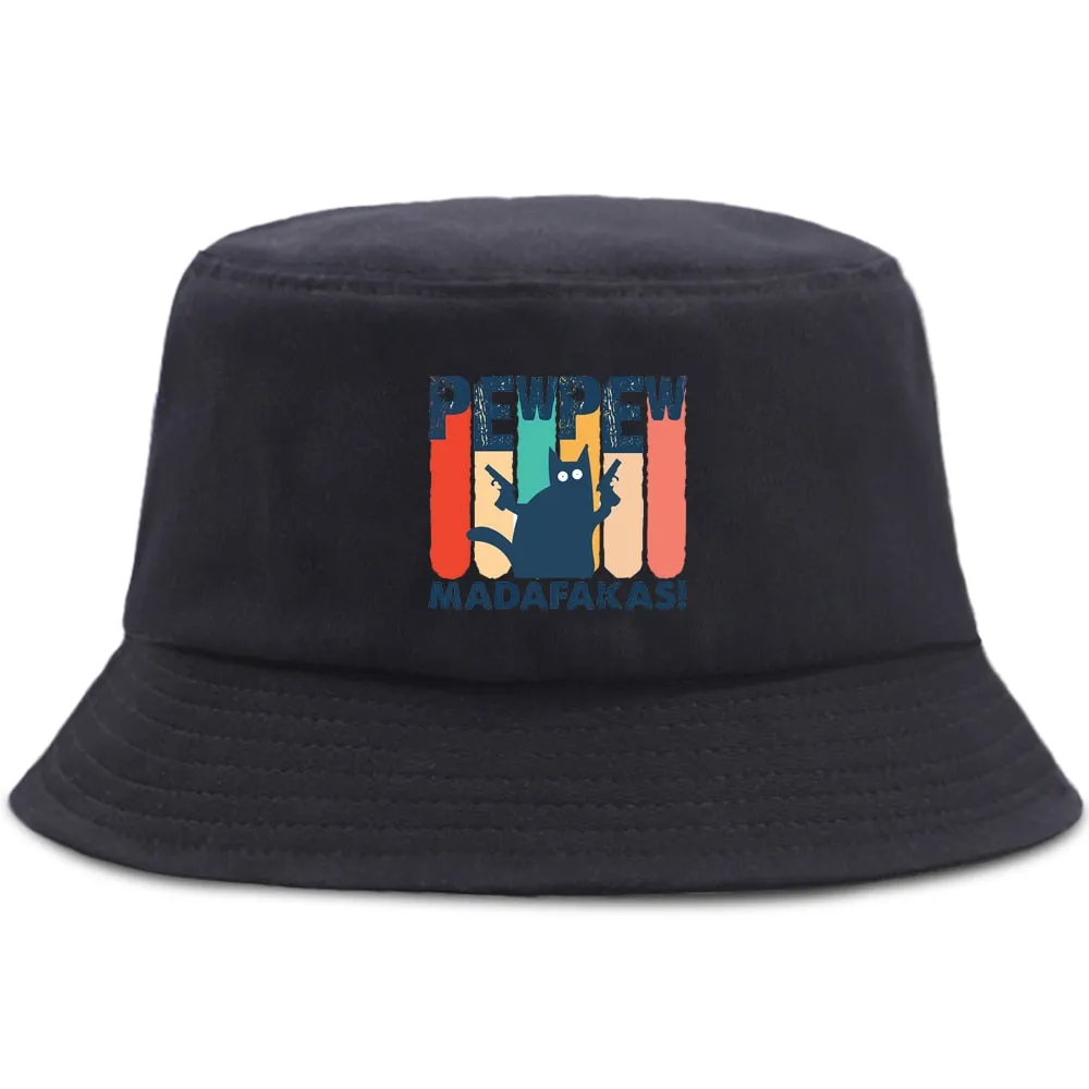 Pew Pew Madafakas Black Cat Bucket Caps Women Street Beach Sun Hat Hip Hop Casual Fisherman Hats Men Outdoor Summer Panama Cap