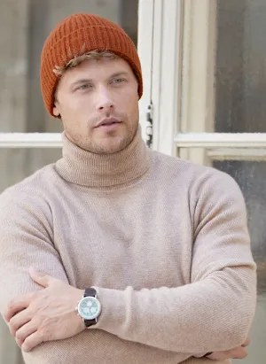 Pure Cashmere Unisex Rib Beanie in Rust