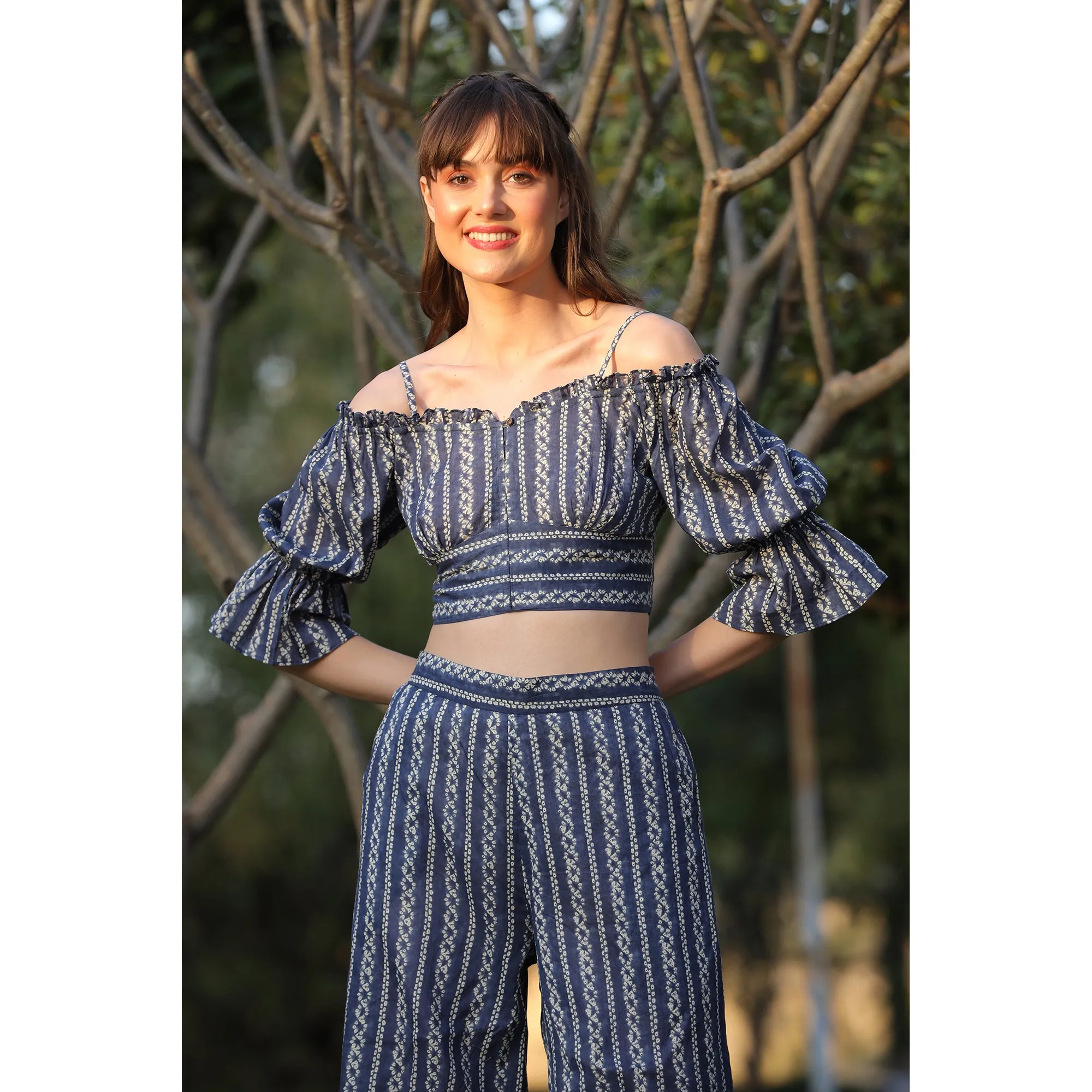 Shibori on Off-shoulder Blue Cotton Co-ord set