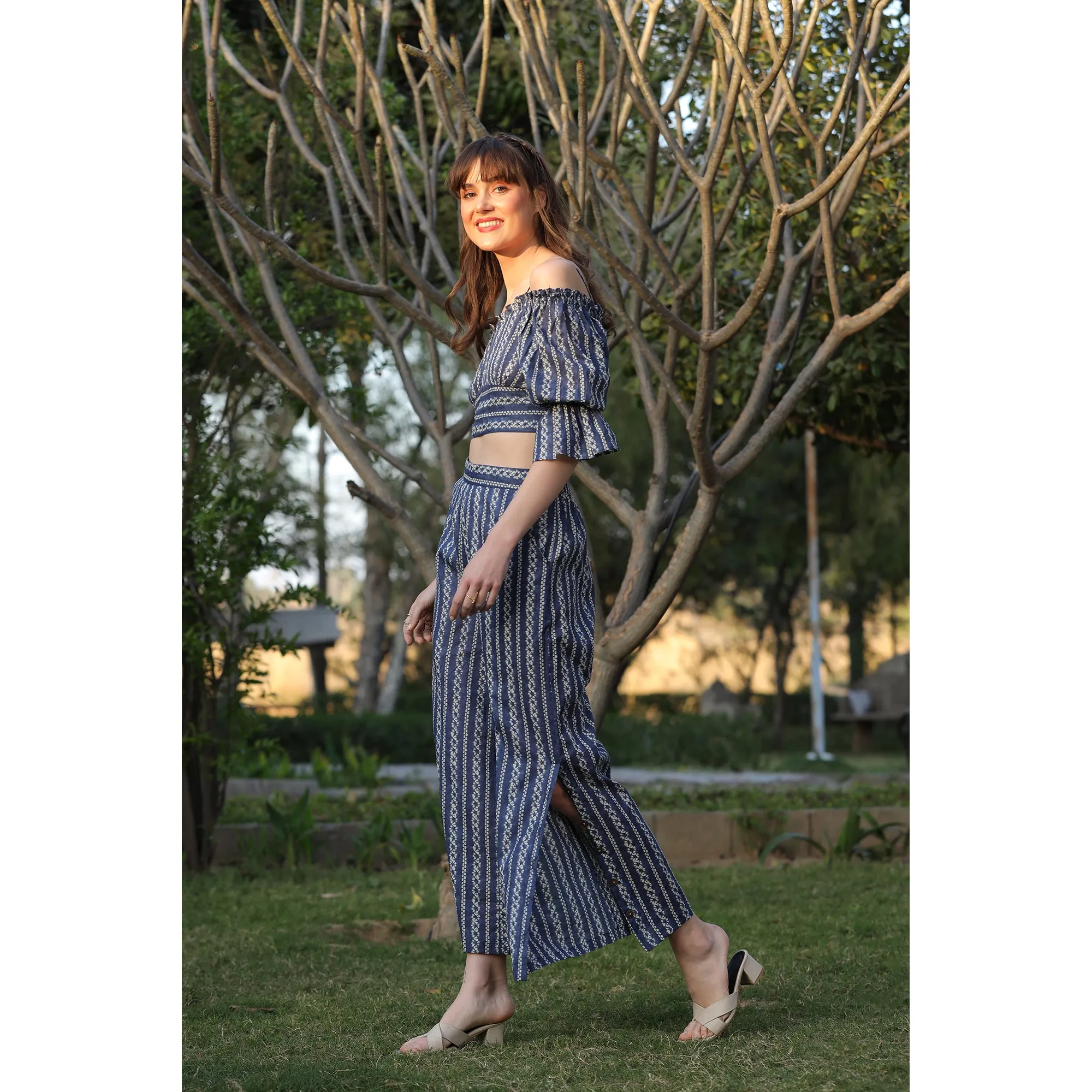 Shibori on Off-shoulder Blue Cotton Co-ord set