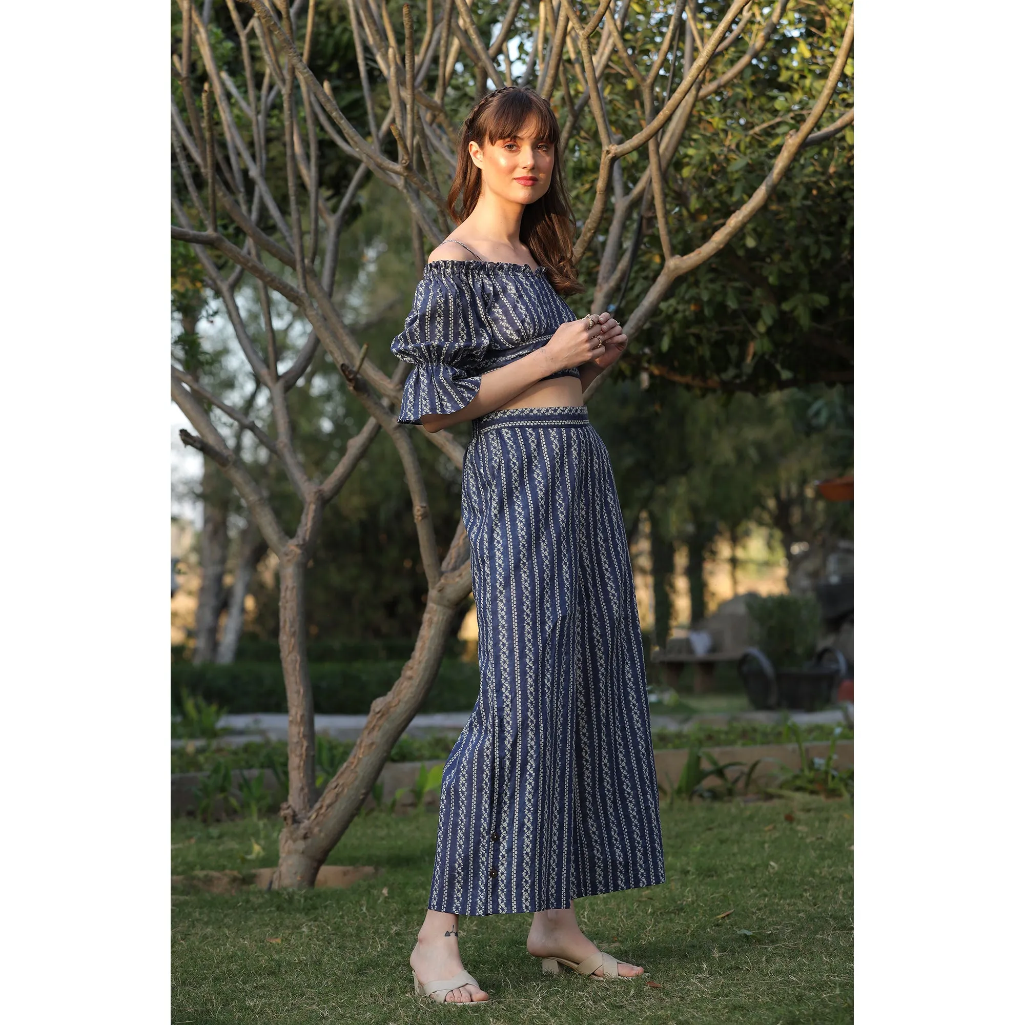 Shibori on Off-shoulder Blue Cotton Co-ord set