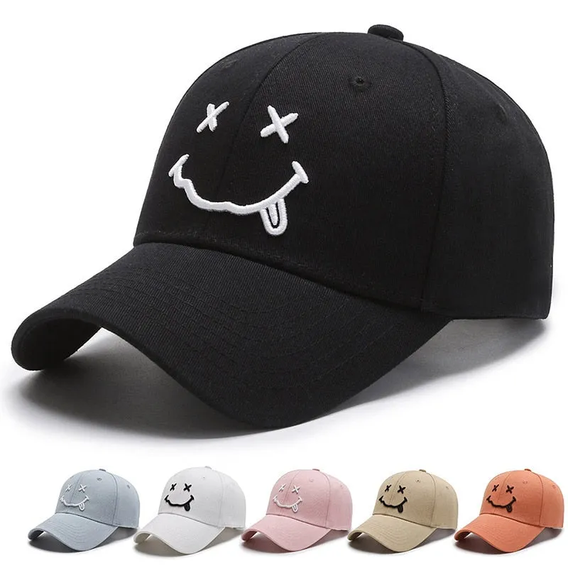 Smile Face Embroidery Baseball Caps Kpop Black Cotton Adjustable Snapback Sun hats