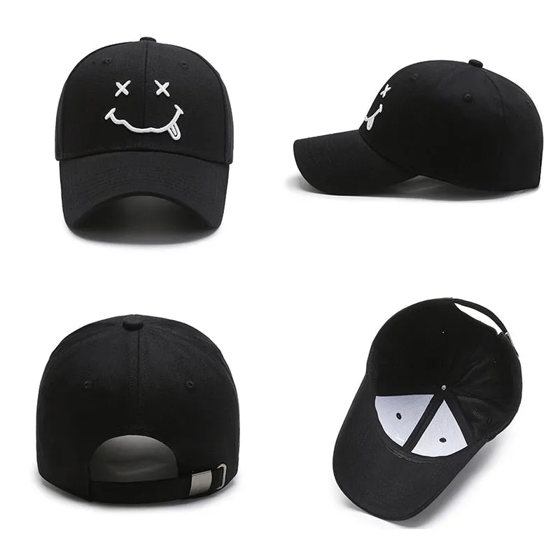 Smile Face Embroidery Baseball Caps Kpop Black Cotton Adjustable Snapback Sun hats