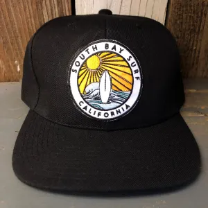 SOUTH BAY SURF (Multi Colored Patch) 6 Panel Wool Blend Flat Bill Hat - Black