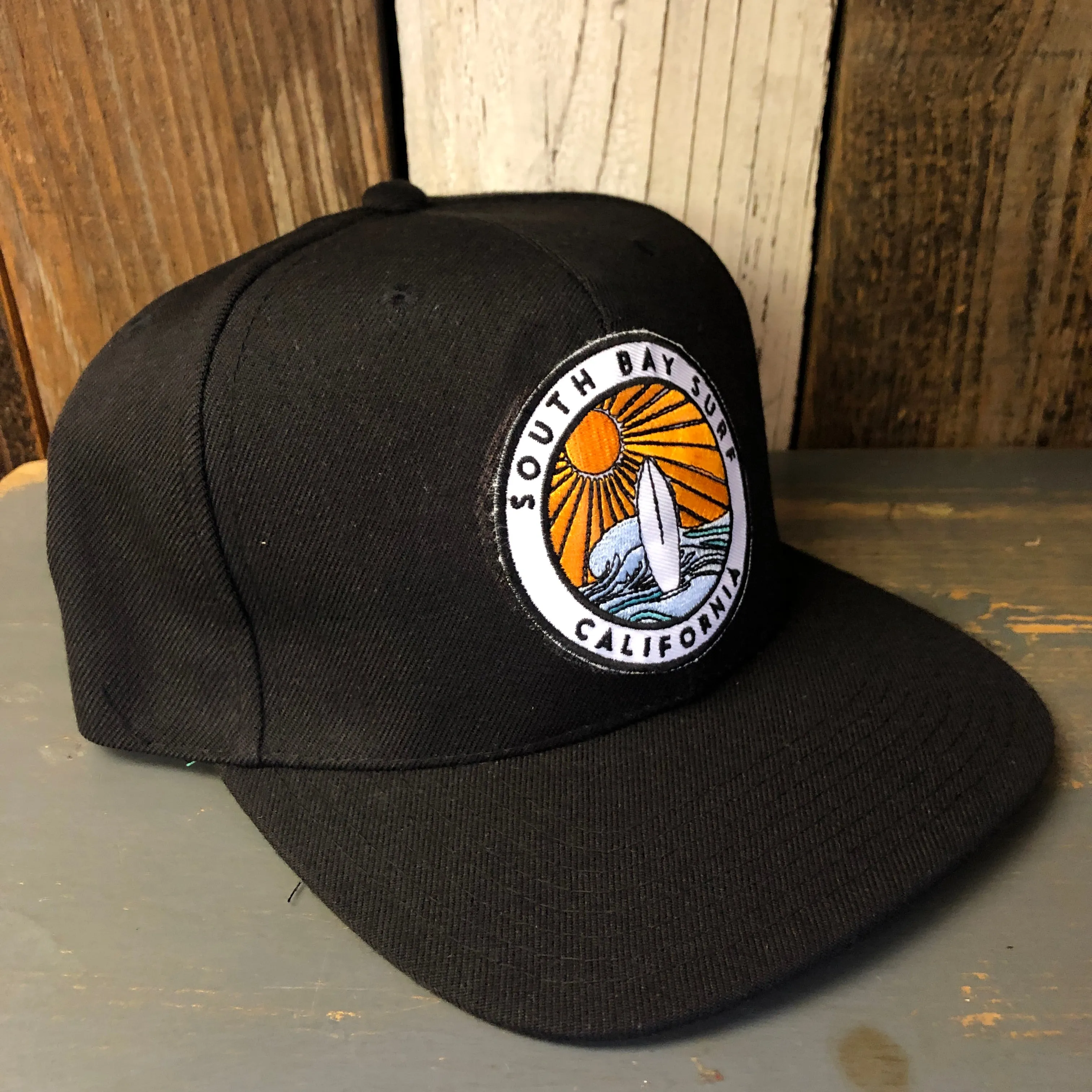 SOUTH BAY SURF (Multi Colored Patch) 6 Panel Wool Blend Flat Bill Hat - Black