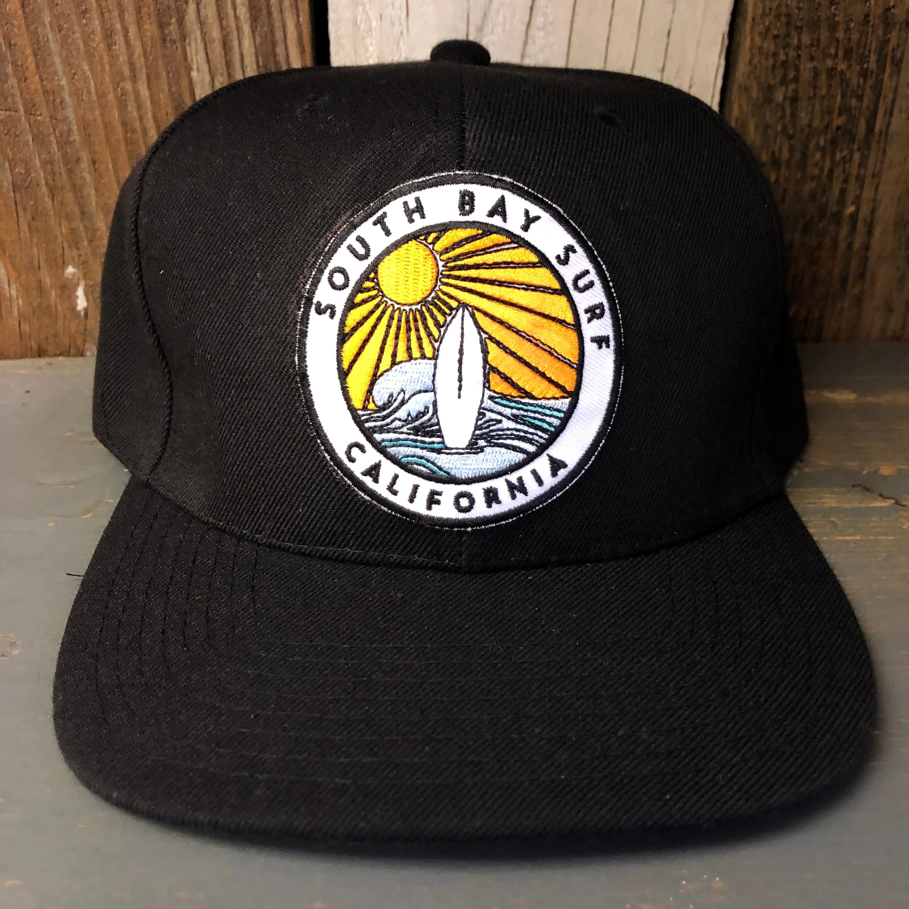 SOUTH BAY SURF (Multi Colored Patch) 6 Panel Wool Blend Flat Bill Hat - Black