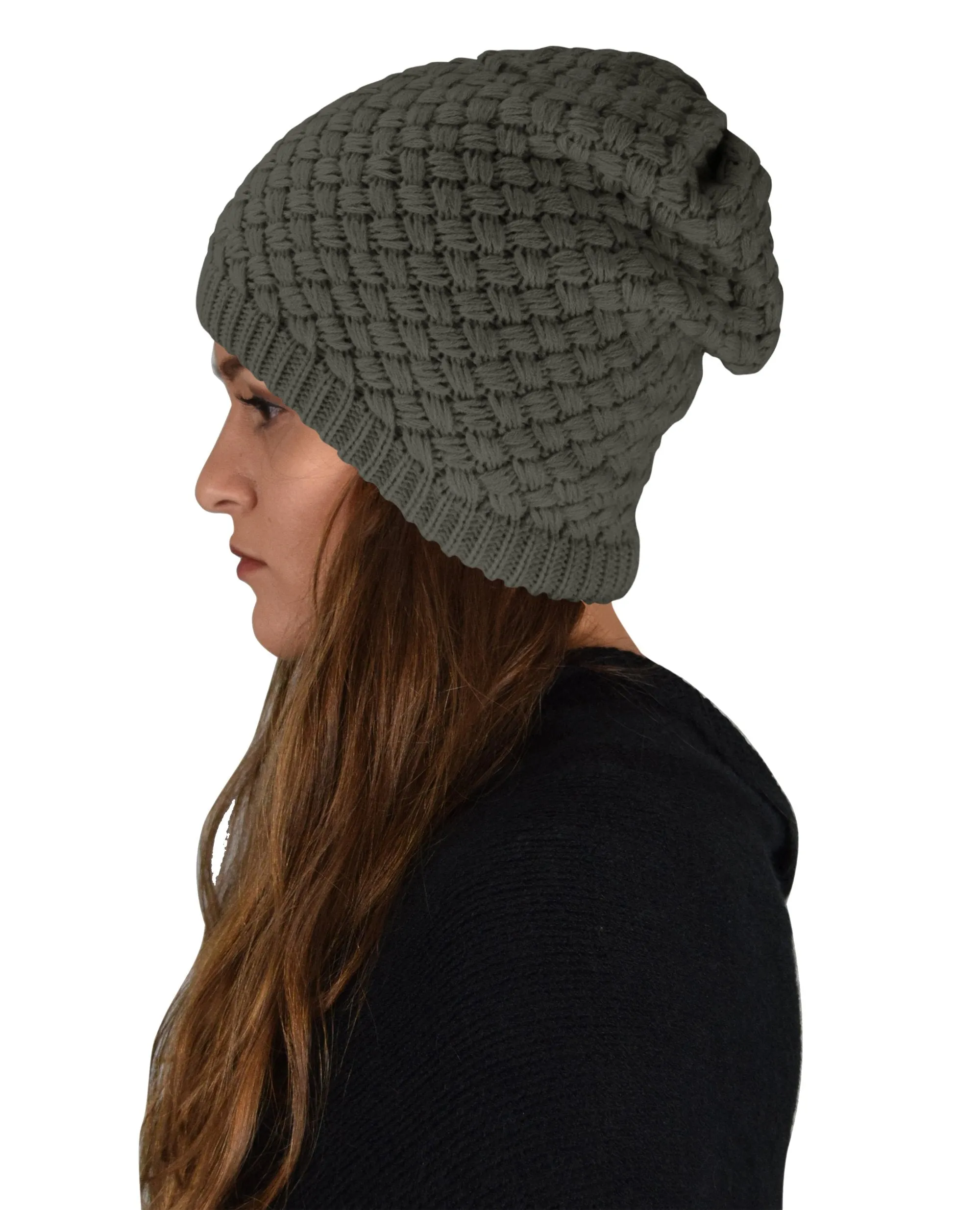 Taupe Thick Crochet Knit Double Layer Beanie Slouchy Hat