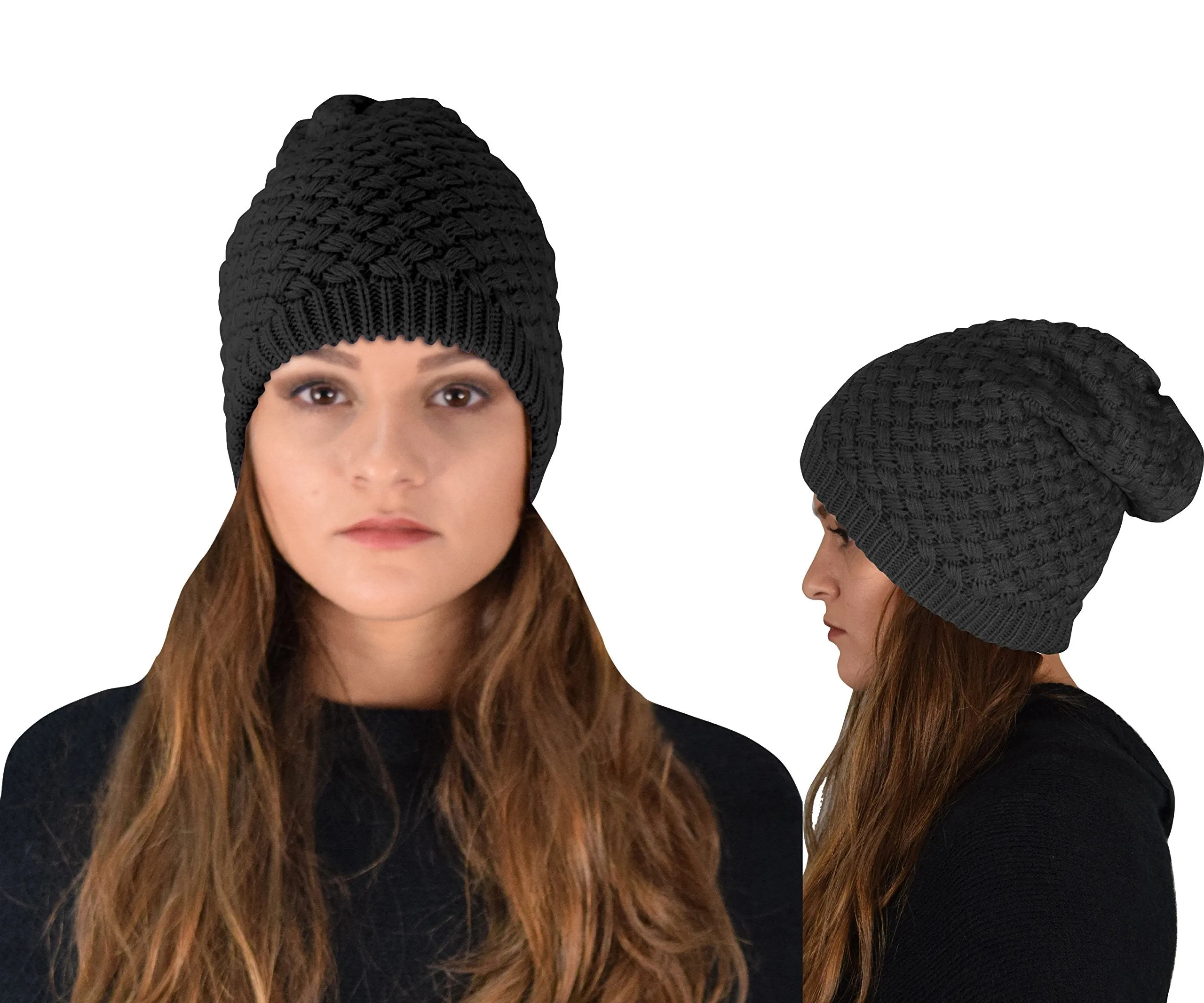 Taupe Thick Crochet Knit Double Layer Beanie Slouchy Hat