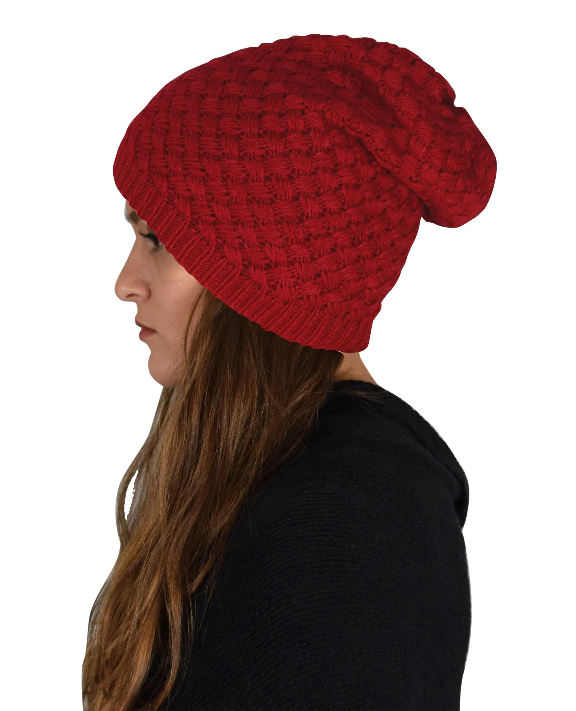 Taupe Thick Crochet Knit Double Layer Beanie Slouchy Hat