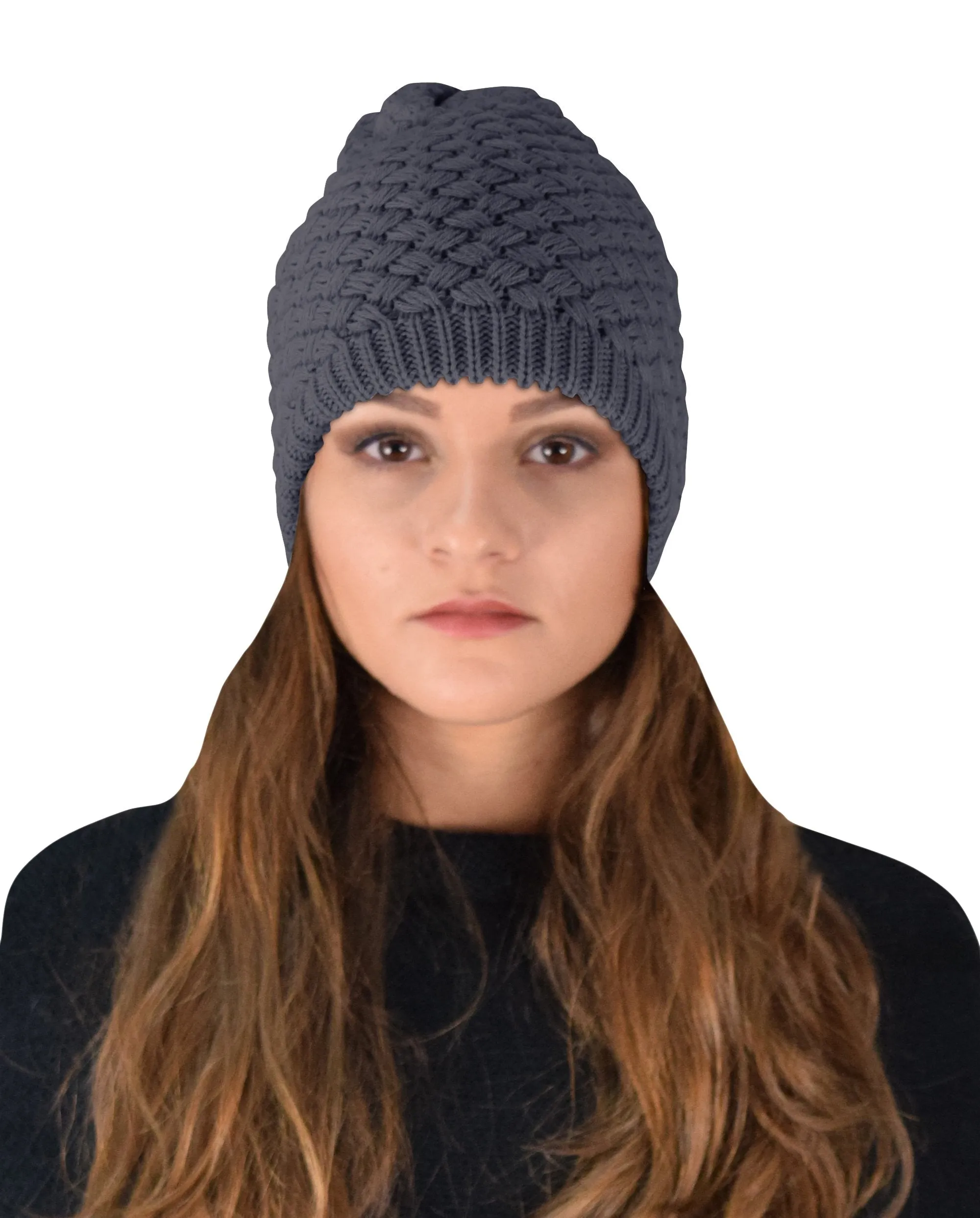 Taupe Thick Crochet Knit Double Layer Beanie Slouchy Hat