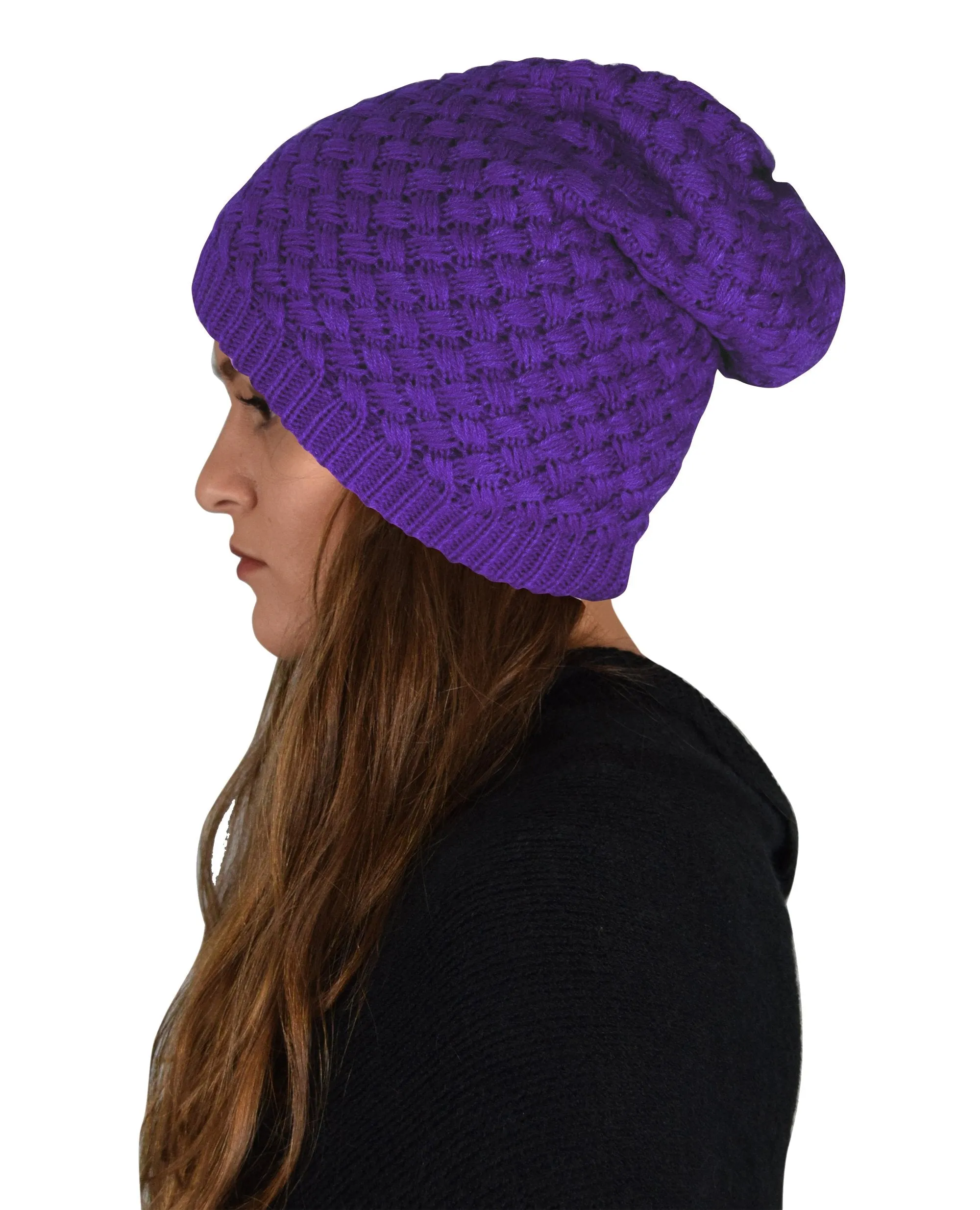 Taupe Thick Crochet Knit Double Layer Beanie Slouchy Hat